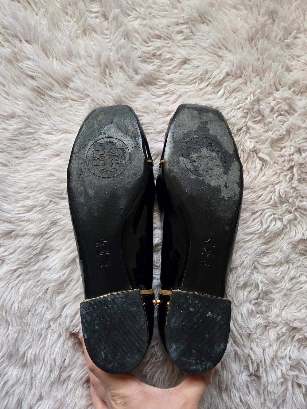 Tory Burch Black Patent Leather Square-Toe Logo Flats with Gold Trim